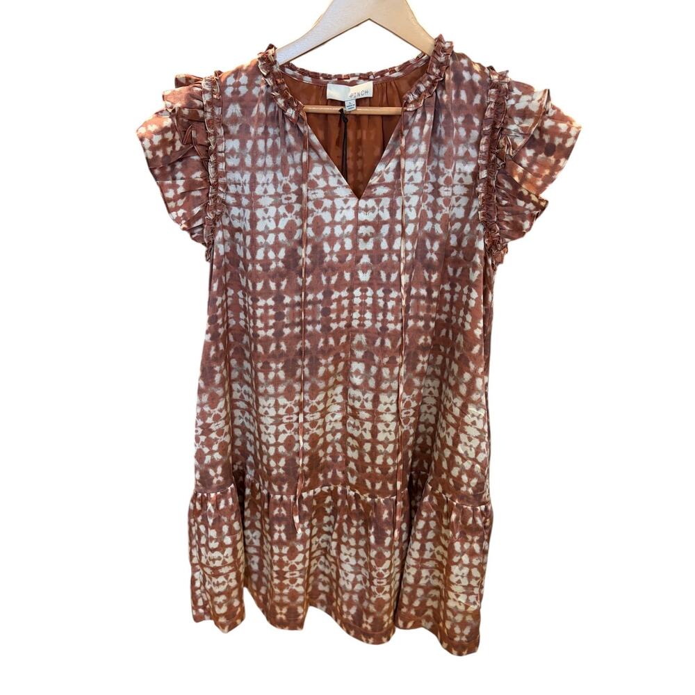 PINCH Women's Irma Mini Dress Large Rust Ikat Ruffle Sleeve Tiered Tencel NWT
